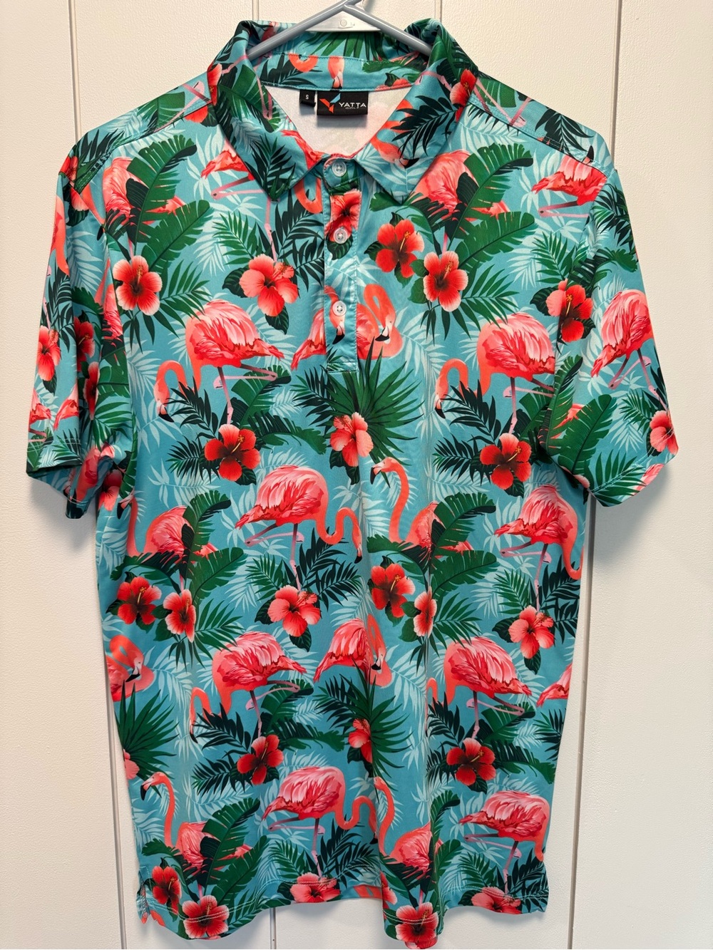 NWOT Yatta Men’s Flamingo Print Polo Shirt - Teal & Coral